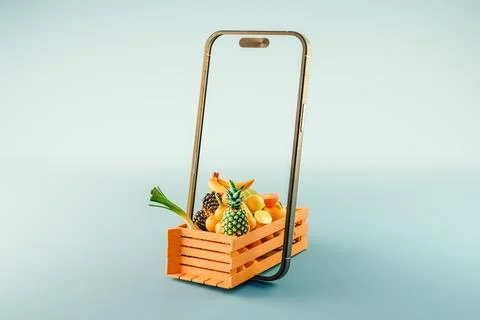 3d rendering of mockup smartphone with ripe fruits and vegetables Stock Illustration