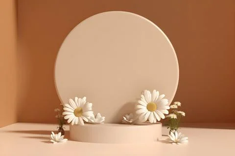 3d rendering mockup white podium with daisy flower, AI Generative Illustratio Stock Illustration