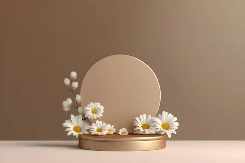 3d rendering mockup white podium with daisy flower, AI Generative Illustratio Stock Illustration
