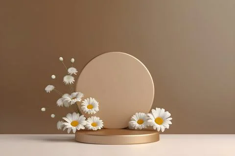 3d rendering mockup white podium with daisy flower, AI Generative Illustratio Stock Illustration
