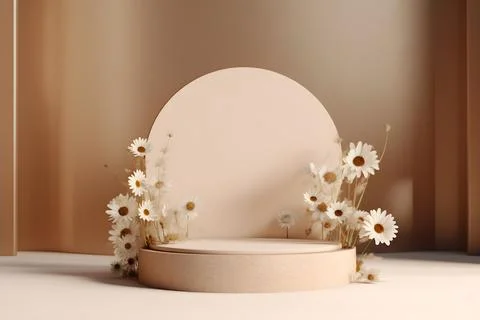 3d rendering mockup white podium with daisy flower, AI Generative Illustratio Stock Illustration