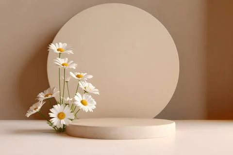 3d rendering mockup white podium with daisy flower, AI Generative Illustratio Stock Illustration