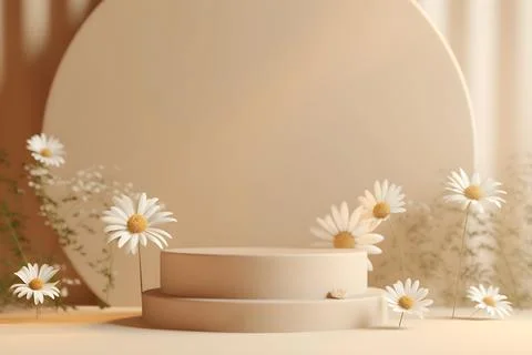 3d rendering mockup white podium with daisy flower, AI Generative Illustratio Stock Illustration