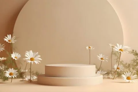3d rendering mockup white podium with daisy flower, AI Generative Illustratio Stock Illustration