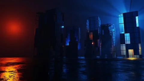 3D rendering of model city, abandoned building under colorful lights Stock Illustration