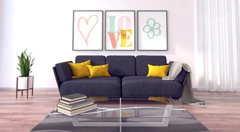 3d rendering of a modern and bright living room Illustrazione stock