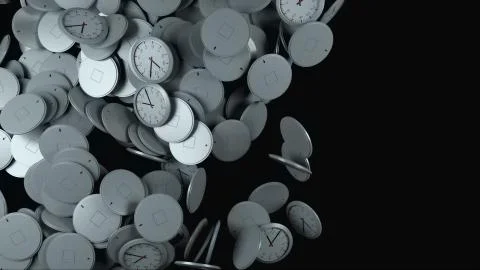 3D rendering of modern background. Computer generated animation many wall clocks Illustrazione stock
