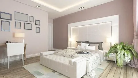 A 3d rendering of modern bedroom with pink wall Stock Illustration