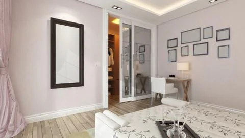 A 3d rendering of modern bedroom with pink wall Stock Illustration