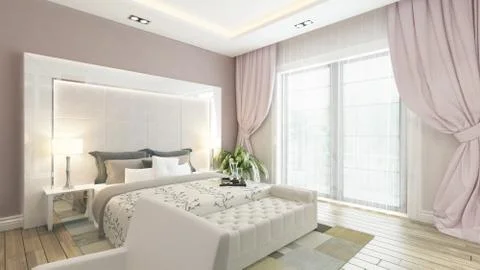 A 3d rendering of modern bedroom with pink wall Stock Illustration