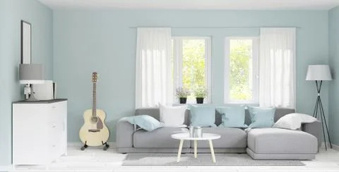 3d rendering modern big living room with wooden floor ,pastel green wall Stock Illustration