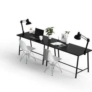 3d rendering of a modern black office desk with a desktop computer, two chairs, Illustrazione stock