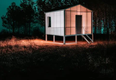 3D rendering of a modern building in a dark forest Ilustración de archivo