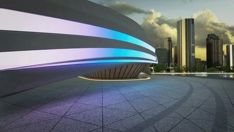 3d rendering of a modern building with illuminated exterior at twilight Stock Photos