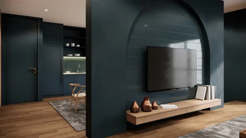 3d rendering. modern classic living room and kitchen area apartment interior Stock Footage 237491639