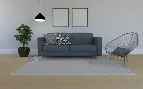 A 3D rendering of a modern comfortable gray sofa on a rug near a houseplant i Stock Illustration