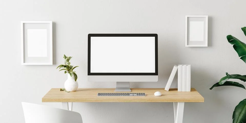3D rendering of modern computer with blank mock up screen on minimal desk 스톡 사진