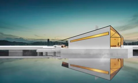 3d rendering of modern cozy white polygon shape design building with reflecti Ilustración de archivo