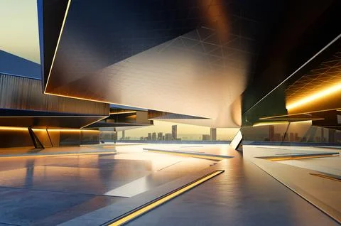 3D rendering modern empty building interior with cityscape view at sunset Stock Photos