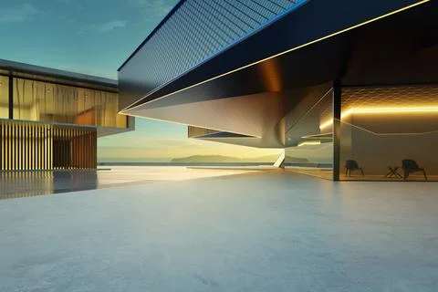 3D rendering modern empty office building waiting for employees at sunset Stock Photos