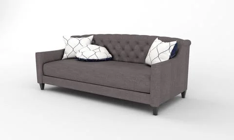 A 3D rendering of a modern gray fabric sofa with pillows on wooden legs isola Stock Illustration