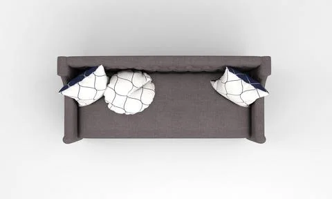 A 3D rendering of a modern gray sofa with blue pillows on wooden legs isolate Illustrazione stock