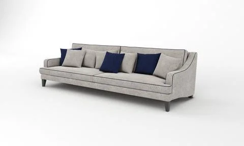 A 3D rendering of a modern gray sofa with blue pillows on wooden legs isolate Illustrazione stock