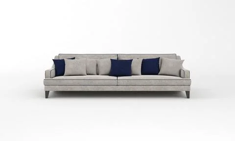 A 3D rendering of a modern gray sofa with blue pillows on wooden legs isolate Illustrazione stock