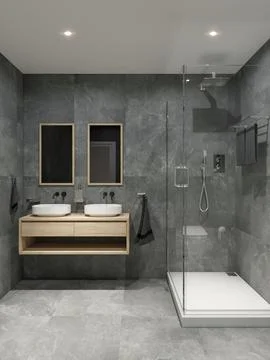 3d rendering of modern gray tiled bathroom design with two sinks. Interior Stock Illustration