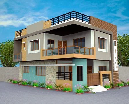 A 3D rendering of a modern house with a balcony surrounded by a garden under  Stock Illustration