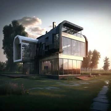 3D rendering of a modern house with big windows all over it on a green field und Ilustración de archivo
