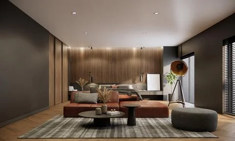 3D rendering of Modern interior of dark tone bedroom, 3d Illustration Stock Illustration