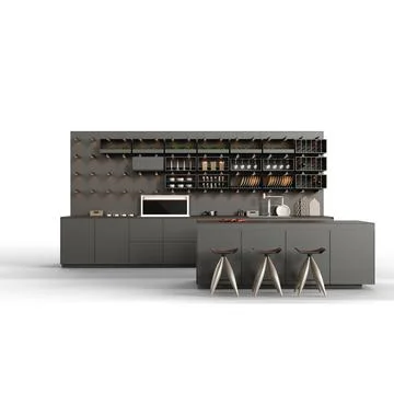 3D rendering of a modern kitchen interior with cabinets, shelves and bar table w Stock Illustration