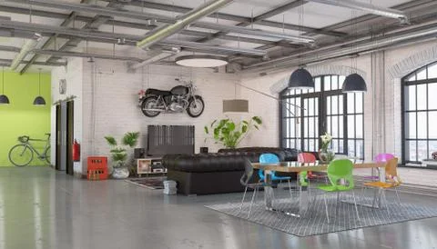 3d rendering of a modern loft - with large window Illustrazione stock