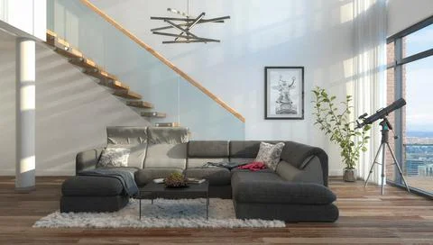 3d rendering of a modern loft - with large window Illustrazione stock