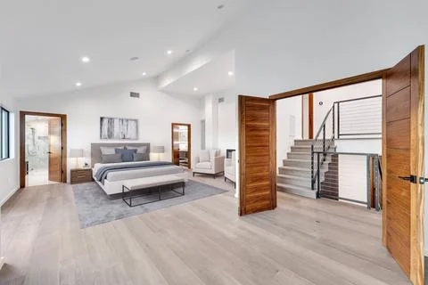 3D rendering of a modern master bedroom interior Stock Photos
