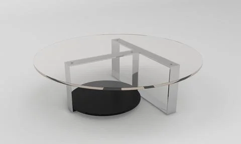 A 3D rendering of a modern round glass and metal coffee table isolated on a w Stock Illustration