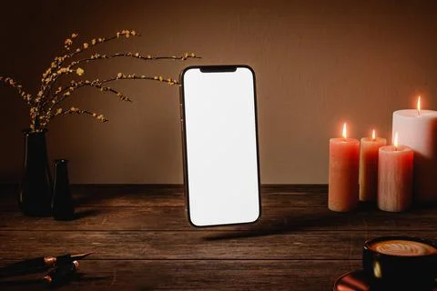 3D rendering of modern smartphone with blank screen placed on wooden table Stock Illustration