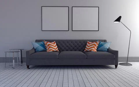 A 3D rendering of a modern sofa with colorful cushions and a lamp in a room w Stock-Illustration