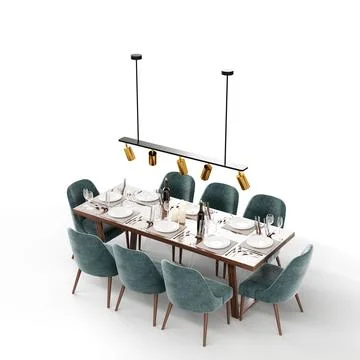 3D rendering of a modern table setting with marble top and contemporary chairs. Stock Photos