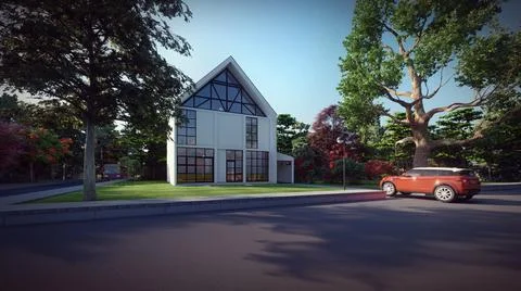 3D rendering of a modern white house in the countryside with a parked car in fro Ilustração Stock