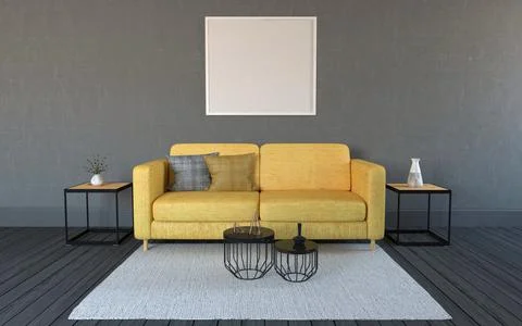 A 3D rendering of a modern yellow sofa with cushions on it and with small tab Illustrazione stock