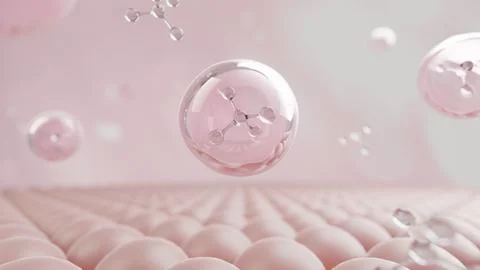 3d rendering molecule inside bubble drop above pink sphere skin. Ilustração Stock