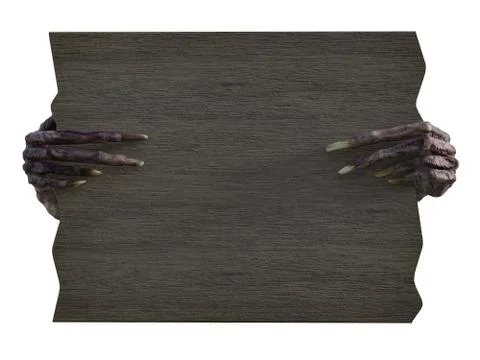 3D rendering of monster hands holding blank wooden sign. Illustrazione stock