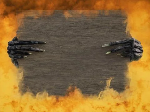 3D rendering of monster hands holding blank wooden sign. Stock Illustration