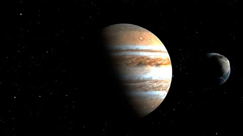 3D Rendering of moon and earth rotating around jupiter with the moon orbiting Video stock 139412142