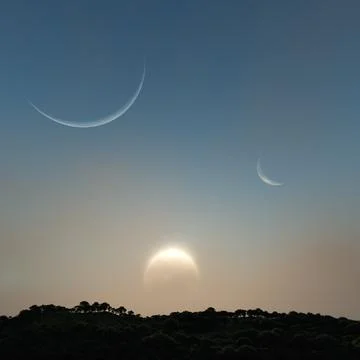 A 3D rendering of the moon at different stages in the sky with greenery under Ilustração Stock