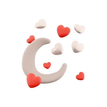 3d rendering moon with hearts around icon. 3d render Valentine's day romantic Stock Illustration