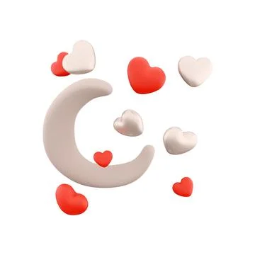 3d rendering moon with hearts around icon. 3d render Valentine's day romantic 스톡 일러스트