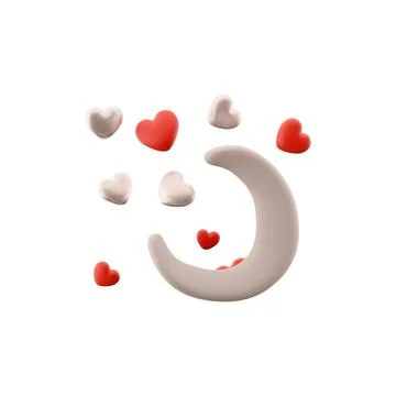 3d rendering moon with hearts around icon. 3d render Valentine's day romantic Stock Illustration